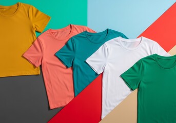A vibrant collection of five colorful tshirts, including yellow, coral, teal, white, and green, neatly arranged on a diagonally divided background of teal, red, and gray