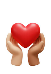 Obraz premium Two hands gently holding a bright red heart isolated on transparent background