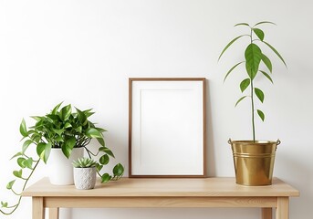 A minimalist interior scene featuring a wooden table with three potted green plants and a blank wooden frame against a white wall, perfect for home decor mockups