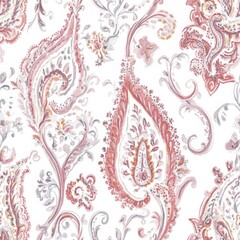 A patterned fabric with a paisley design in pink and white