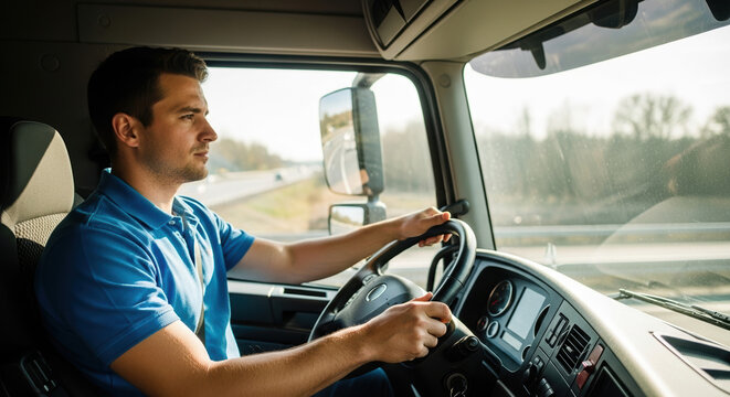 Truck driver at work inside cabin of large truck, showing professionalism. Truck driver ensures timely delivery across country, showcasing responsibility and focus.