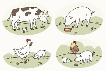 Obraz premium Cute cartoon farm animals including a cow pigs and chickens in a playful illustration style