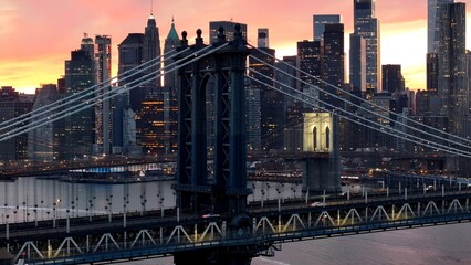 Brooklyn Bridge In Manhattan New York United States. Traffic Is Moving Across A Modern Cable-Stayed...