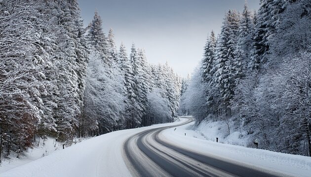 winter wonderland scene of a snow covered road through a forest the road curves gently with trees and snow on each side soft focus - Powered by Adobe