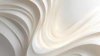 Abstract, flowing curves of pale cream-white layered sheets create a dynamic, architectural design.  Soft light highlights the folds and curves