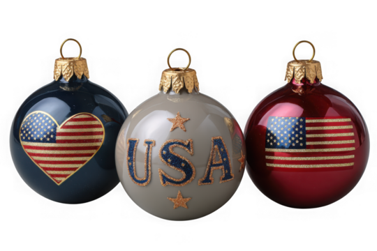 Patriotic christmas ornaments featuring american flags and usa text isolated on transparent background