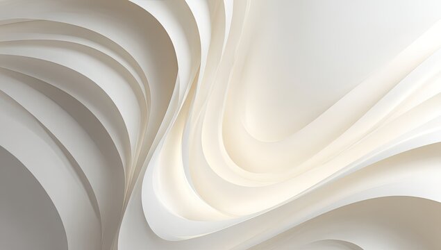 Abstract, flowing curves of pale cream-white layered sheets create a dynamic, architectural design.  Soft light highlights the folds and curves