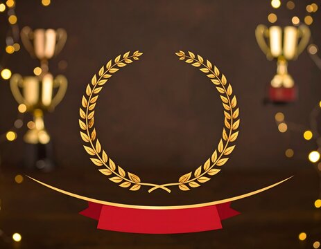 Golden laurel wreath with red ribbon and trophies celebrating victory and achievement in a festive award ceremony setting with bokeh lights