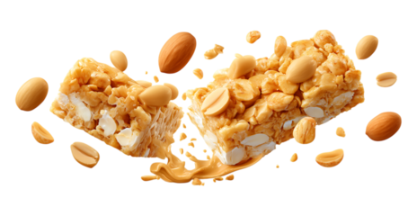 Pieces of granola bar with peanuts falling through the air isolated on a transparent background
