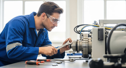 Industries at work is shown in this picture; machine maintenance is being done by skilled worker in uniform using wrench. Industries worker in uniform,