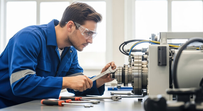 Industries at work is shown in this picture; machine maintenance is being done by skilled worker in uniform using wrench. Industries worker in uniform,