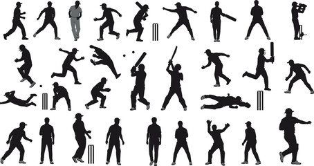 Cricket players silhouettes in motion, batting, bowling, fielding, catching, vector sports artwork, isolated black figure.eps