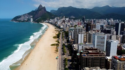 Ipanema Beach In Rio De Janeiro Brazil. Aerial View Of Stunning Beach With Crystal Clear Waters. Coast Horizon Seaside Summertime. Coast Outdoors Panoramic. Rio de Janeiro Brazil.