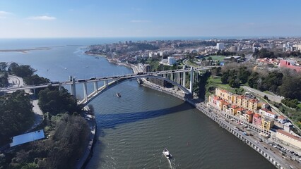 Arrabida Bridge In Porto Portugal. Aerial View Of Landmark Bridge Showcasing Its Intricate Design ....