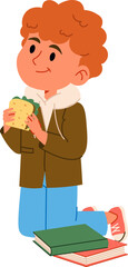 Boy Eating Sandwich on Knees