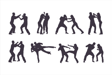 Set of man and woman fighting silhouettes. Martial arts and self-defense combat icons for a training manual, poster, or security concept.