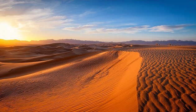 textured desert sand dunes sunrise oasis nature golden hour landscape warm light shadows textures horizon cliff terrain sky colorful cloud expanse - Powered by Adobe