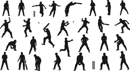 : Cricket players silhouettes, cricket game action poses, batsman, bowler, wicketkeeper, fielding positions, cricket sport vector illustration, isolated black figures.eps