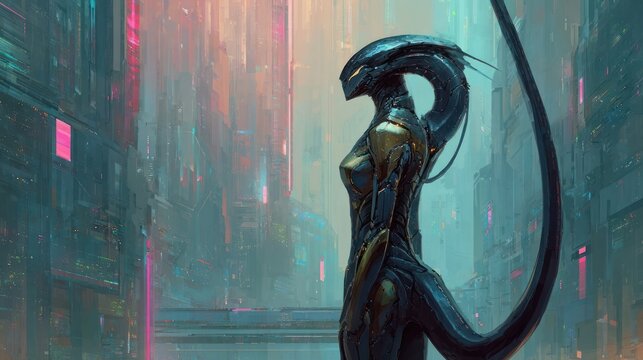 Cyberpunk alien figure in cityscape with glowing lights and a long tail