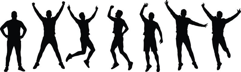 Excited male silhouettes, jumping and celebrating poses, full body vector illustration, black figures, isolated on white background, energy movement concept.eps