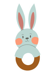 Wooden Montessori rattle with fabric rabbit. Flat colored isolated illustration. Wooden elements for youngest children to play with. Cute illustration of children's toys. Product for child development