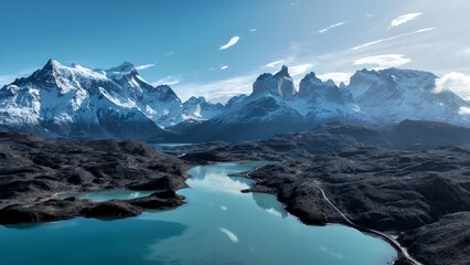 National Park In Torres Del Paine Puerto Natales Chile. Birds Eye View Of Peaceful Mountains Valley And Forest Trees. Outdoor Travel Destinations Patagonia Glacier. Outdoor Snow Covered Above View. © bydronevideos