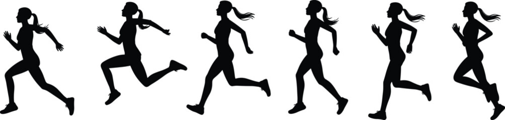Female silhouette runner in action, sporty woman jogging vector, athletic motion illustration, fitness exercise, running posture, health train.eps