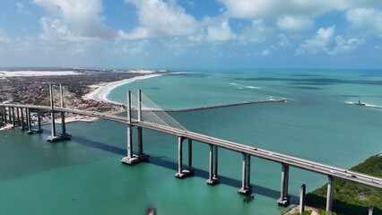 Cable Bridge In Natal Rio Grande Do Norte Brazil. Traffic Is Moving Across A Modern Cable-Stayed Bridge. Coast Horizon Seaside Summertime. Coast Panoramic. Natal Rio Grande do Norte.