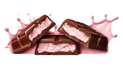 Chocolate candy bars with pink cream, cut in half with pink splash isolated on a transparent background