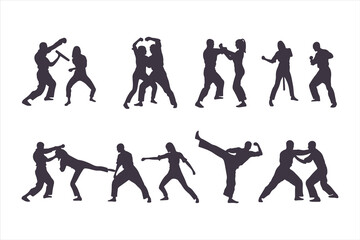 Set of man and woman fighting silhouettes. Martial arts and self-defense combat icons for a training manual, poster, or security concept.