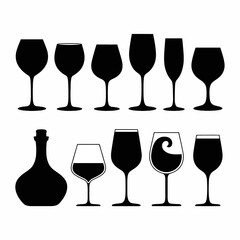 Collection of various wine glasses and a bottle silhouette isolated on white background