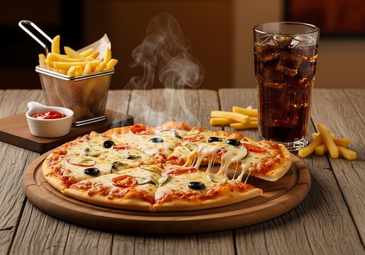 Fast food photo of hot pizza with french fries and a cold soda drink on a wooden table