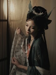 Young Asian woman in traditional attire, holding a scroll Chinese word means scroll.