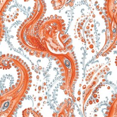 A pattern of orange and blue flowers with a blue and white background