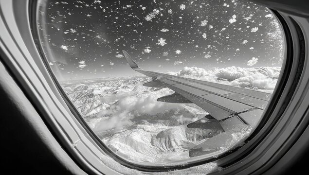 Airplane window view of snowy mountain ranges - Powered by Adobe