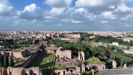 Archaeological Park In Rome Lazio Italy. Aerial View Of Landmark Medieval Building In Downtown...
