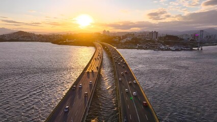 Sunset Skyline In Florianopolis Santa Catarina Brazil. Elevated Road Bridge Symbol Of The City Viewed From Above. Sunset Sky Background Downtown Cityscape. Sunset Outdoors Famous.