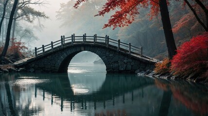 A mystical stone bridge arches gracefully over a tranquil river, surrounded by a misty autumn forest with vibrant red and orange foliage