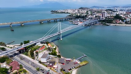Famous Bridge In Florianopolis Santa Catarina Brazil. Aerial View Of Landmark Bridge Showcasing Its...