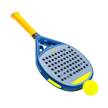 Blue paddle with yellow accents, ball