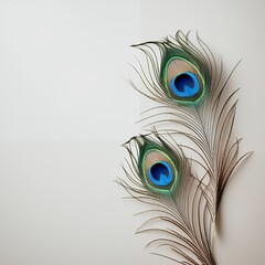 Peacock feathers arranged on a light background, showcasing vibrant colors and intricate patterns.