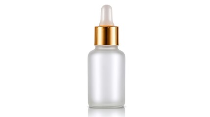 Elegant frosted glass dropper bottle with golden cap isolated on white background.