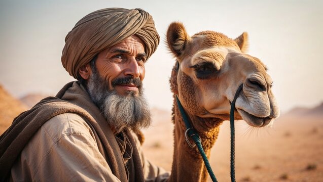 A portrait of a wise Bedouin man with a gray beard and a warm smile, riding his camel through the desert, embodying ancient culture and tradition - Powered by Adobe