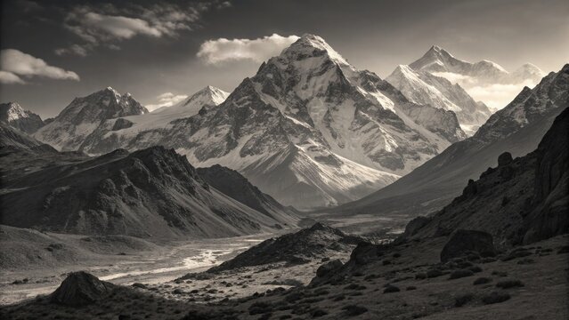 Monochrome landscape of snowcapped mountains, a breathtaking view of natures beauty