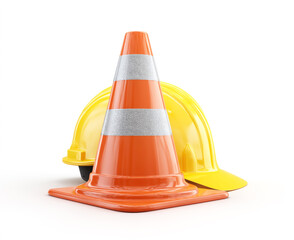 3D icon of a traffic cone and yellow construction helmet on a white background.