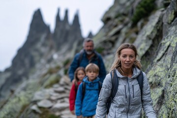 Fototapeta premium Family hiking rugged ridge, Mother guides kids past jagged peaks