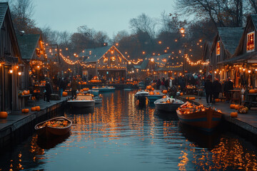 Fototapeta premium Boats sailing along a bustling canal with people onboard.