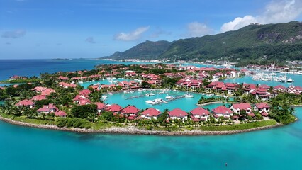 Eden Island In Victoria Mahe Island Seychelles. Aerial View Of Stunning Beach With Crystal Clear...