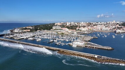 Marina Of Cascais In Cascais Lisbon District Portugal. Breathtaking Aerial View Of A Lush Tropical Coastline Scenery. Industrial Landscape Buildings Stunning. Urban Buildings Town.