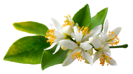 A close up shot of delicate white citrus blossoms with bright yellow stamens clustered together, surrounded by vibrant green leaves with visible veins.